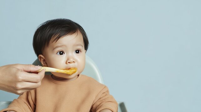 Baby eating with spoon, caregiver feeding toddler in high chair, blue background