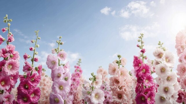 Vibrant hollyhocks blooming under sunny blue sky with light clouds
