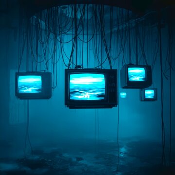 Dark room pulses with hanging TVs, glowing blue