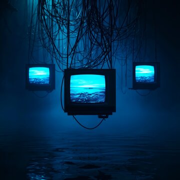 Three old TVs float above dark water