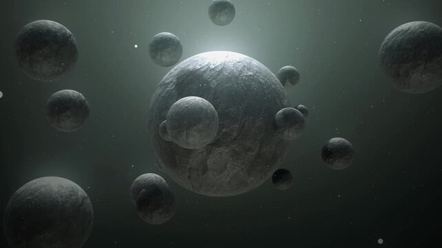 Cinematic motion background featuring dark, textured stone spheres drifting in zero gravity through a misty void.
