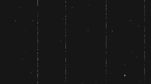 Old damaged tape defects with scratches shimmer, vertical reel lines and black cinema overlay texture for retro footage effect. Video Mask with Scratches and Shimmer. Seamless Loop 4K Animation.