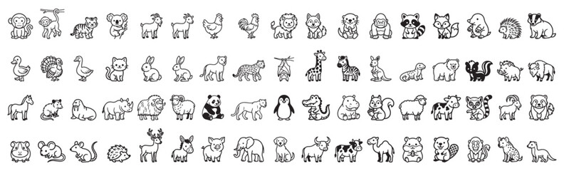 Naklejka premium Large set of cute wild and farm animals line icons vector illustration