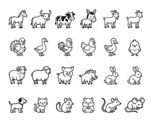 Obraz premium Set of cute farm animals and pets line icons vector illustration