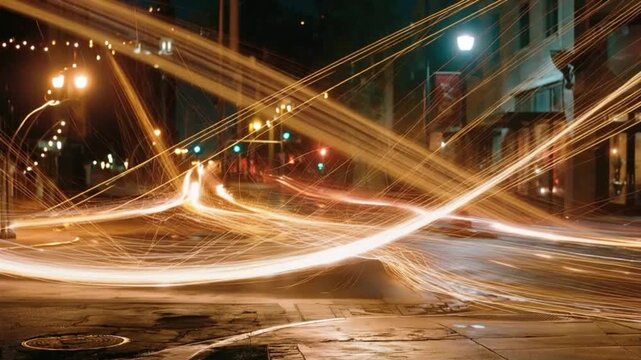 Night city street blurred by light trails of vehicles creates a dynamic sense of movement and urban energy. ..Created with Generative AI, not depicting real subjects.