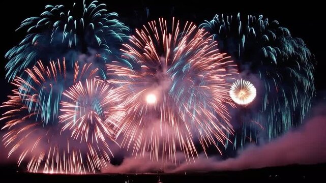 A dazzling display of colorful fireworks illuminates the night sky, painting a vibrant spectacle of light and celebration. ..Created with Generative AI, not depicting real subjects.