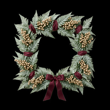 Square christmas wreath with frosted silver ferns and gold berries