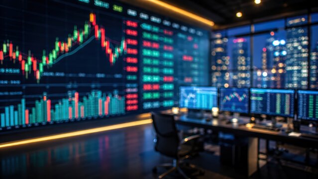 Financial trading desk with large digital stock market charts displayed on a wall. Blurred office environment with glowing data screens and city lights visible through the window.
