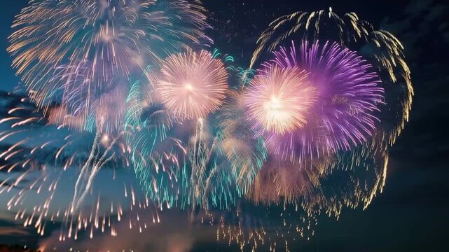 A dazzling fireworks display paints the night sky with vibrant hues of purple, pink, and blue. ..Created with Generative AI, not depicting real subjects.