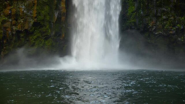 Close details of waterfall crashing into pool at Abiqua Falls, Oregon with mist and clear water, spray bouncing along surface