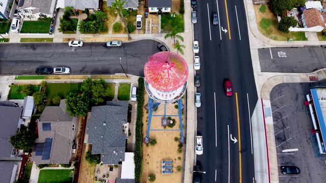 Fly Over the Historical Landmark in Old Town Placentia. Looking straight down on the Iconic Water Tower which has been standing since 1935.