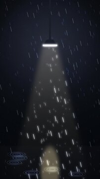 Spotlight illuminating falling rain in darkness. 2d animation