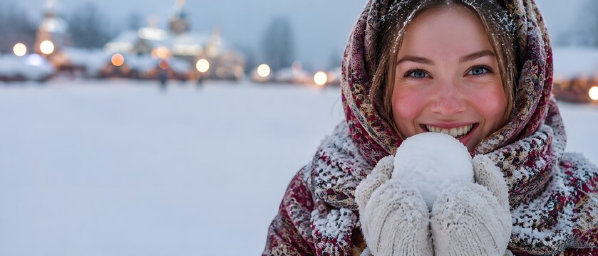 Close up portrait of beautiful happy young Slavic woman with blue eyes wearing traditional floral winter shawl holding snowball at christmas holiday festival