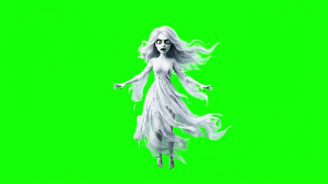 Scary ghost woman floating on a bright green screen chroma key background
