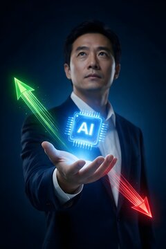 Business professional presenting a glowing artificial intelligence concept with opposing arrows, symbolizing strategic choice, digital transformation, growth and innovation