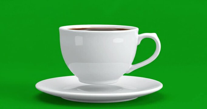 3D floating white coffee cup and saucer on green screen background