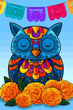 Colorful Owl With Mexican Folk Art Decoration