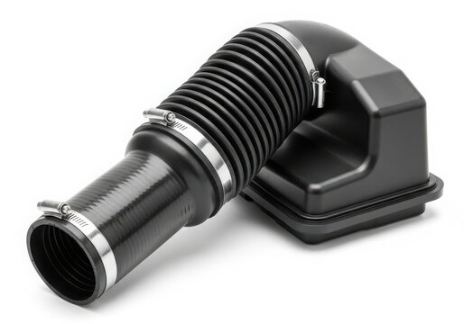 Black exhaust pipe clamp with corrugated hose isolated on white background