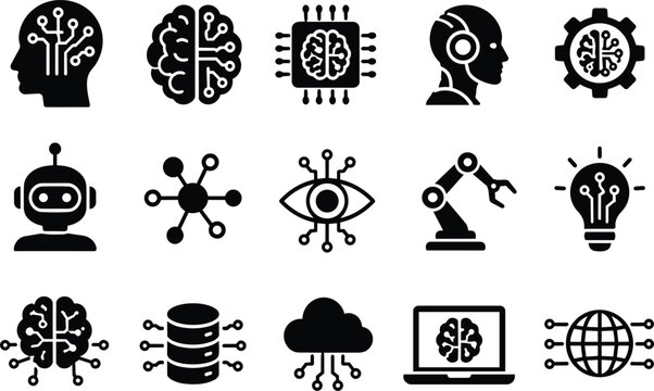 Artificial Intelligence AI Technology Vector Icon Silhouette Set