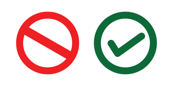 Red forbidden sign and green check mark icon isolated on a white background for business decision concepts