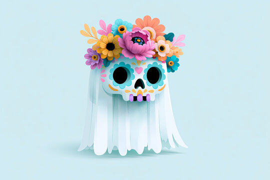 Floral Skull Ghost With Mexican Folk Decoration