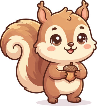 A cute cartoon squirrel holding an acorn with a happy expression.