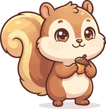 A cute cartoon squirrel holding a small acorn in its paws.