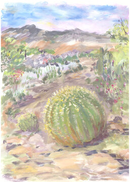 Hand-drawn landscape tempera painting featuring a majestic cactus set against a stylized wilderness background. Rendered in a limited color palette with muted earthy tones and soft color harmony.
