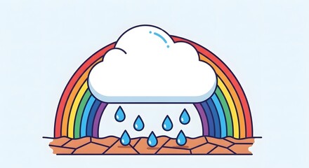 Fototapeta premium Cute Vector Illustration Of A Rainy Cloud Pouring Water Over Dry Ground With A Rainbow