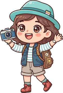 A cheerful young girl dressed as an explorer holding a camera and waving.