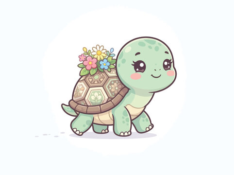 A cute cartoon turtle with a shell decorated with colorful spring flowers.