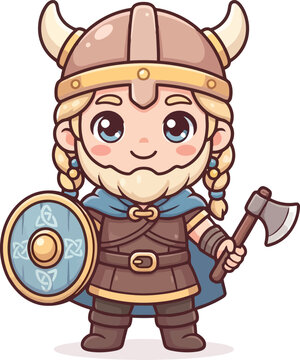 A cute chibi style Viking warrior holding a shield and an axe.