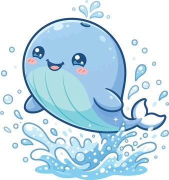 A cheerful cartoon whale jumping out of the water.