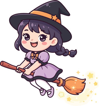 Cute cartoon witch flying on a magical broomstick.