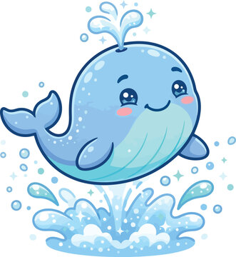 A cute cartoon blue whale jumping out of the water with a splash.