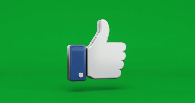 3D white and blue thumbs up icon on green screen background