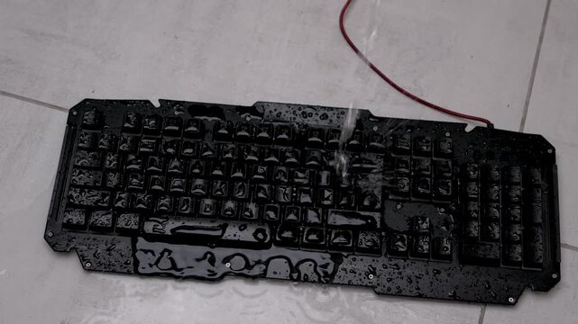 A black keyboard is placed on a floor with water on it. The keys are wet and shiny, showing that the keyboard has been soaked.