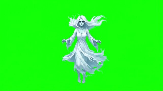 Ghost woman floating on a bright green screen chroma key background