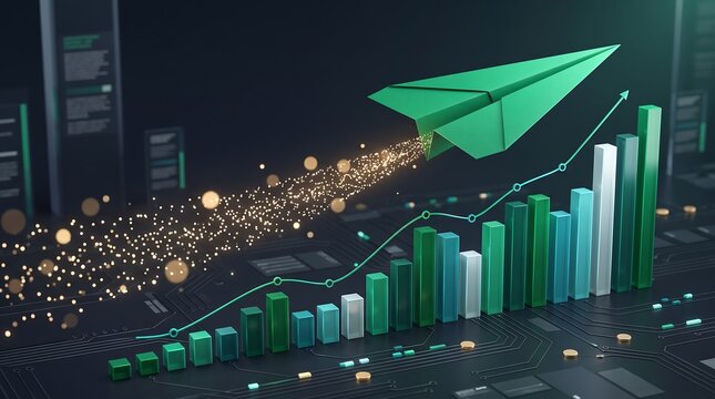 Digital marketing acceleration and fintech growth concept featuring flying green paper airplane above rising data chart infrastructure