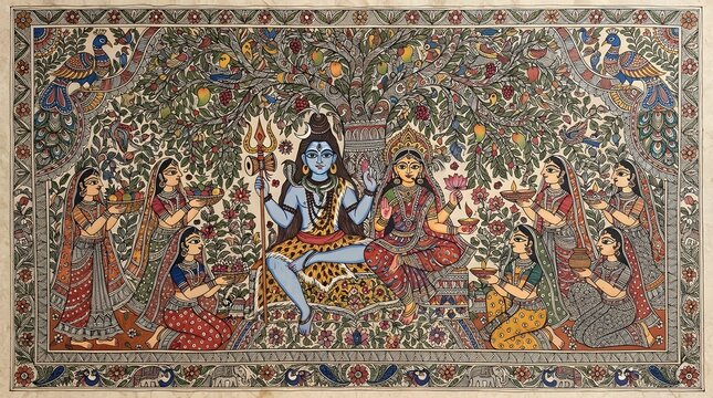 Traditional indian madhubani folk art painting depicting lord shiva and goddess parvati seated under a tree with surrounding figures