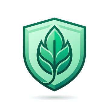 Minimalist green shield icon featuring a leaf symbol for eco friendly and sustainable branding.