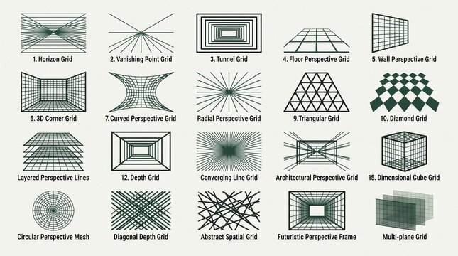 Perspective Grid 3D Wireframe Geometric Vector Icon Set