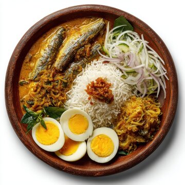 lunch menu with string hoppers fish curry coconut isolated on a white background