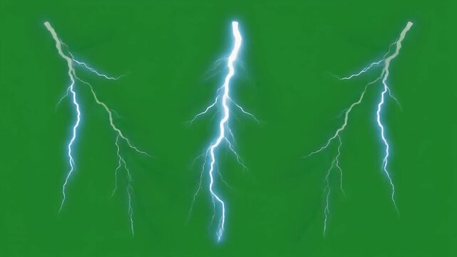 Three Branching White Lightning Bolts Appearing on Green Screen Background