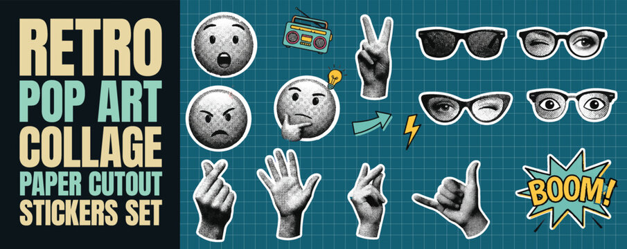 Retro pop art collage paper cutout sticker set with expressive emotions faces hand signs quirky icons glasses and explosion graphic elements on dark teal grid background for creative digital projects