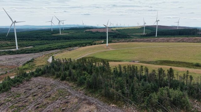 Imposing Clocaenog Dau Wind Farm drone flyover, North Wales, UK