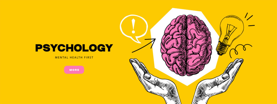 Sketch hands with brain. Human mind care, therapy, mental health, psychology, neuroscience, clinic, psychotherapy collage concept. Hand drawn isolated vector illustration.