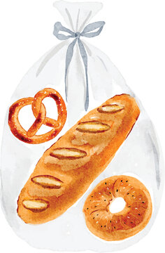 Watercolor Bakery Bag with French Baguette Pretzel and Bagel Illustration