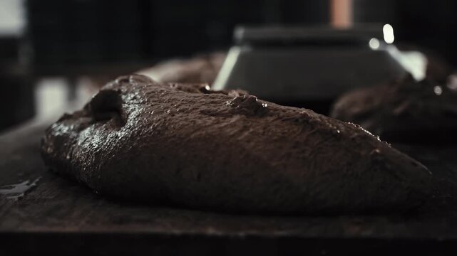Artisan baker uses dough scraper and scales to precisely portion fresh brown dough on rustic wooden table within private bakery production area. Slow motion x4
