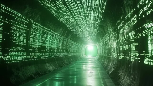 A digital tunnel filled with green data streams leads to a bright light at the end creating an innovative environment
